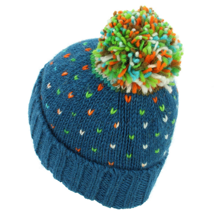 Hand Knitted Wool Beanie Bobble Hat - Tik Tik Blue