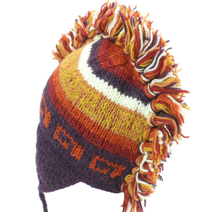 Wool Knit 'Punk' Mohawk Earflap Beanie Hat - Orange Rust (Adult)