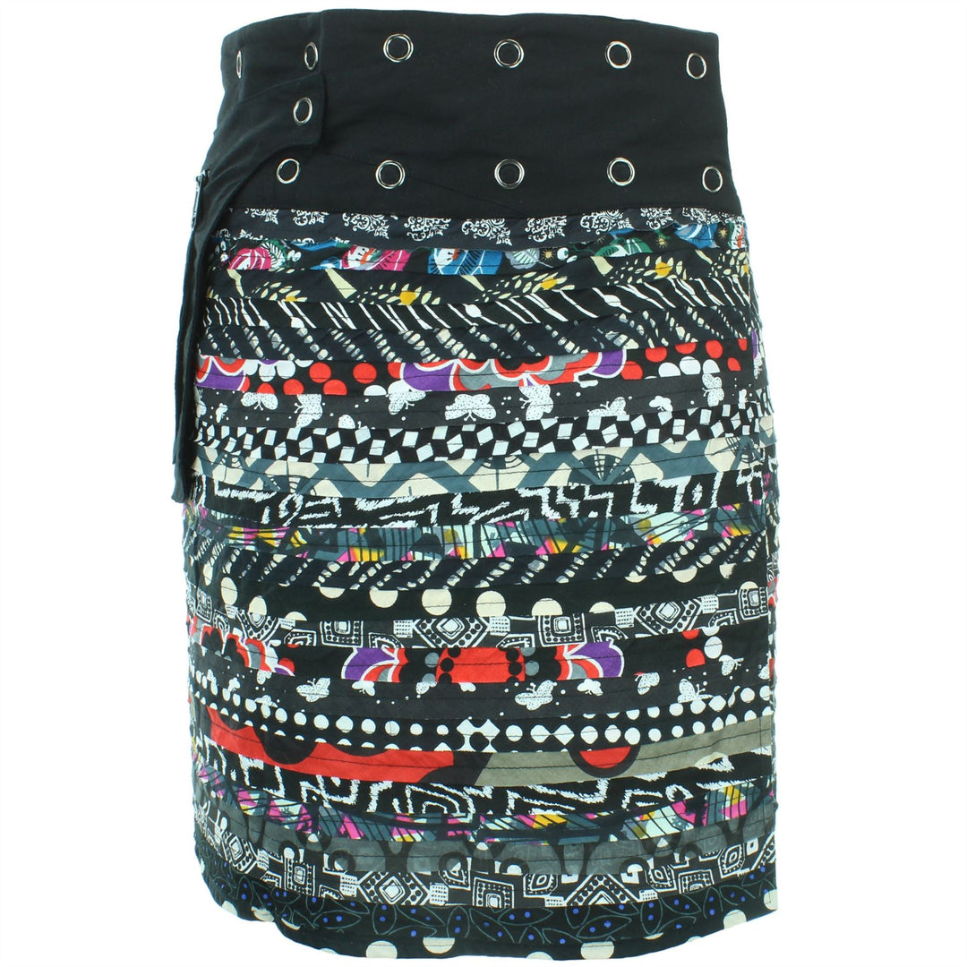 Reversible Popper Wrap Knee Length Skirt - Black Patch Strips / Kaleidoscope