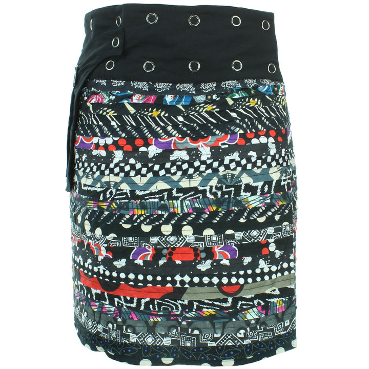 Reversible Popper Wrap Knee Length Skirt - Black Patch Strips / Kaleidoscope
