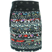 Reversible Popper Wrap Knee Length Skirt - Black Patch Strips / Kaleidoscope