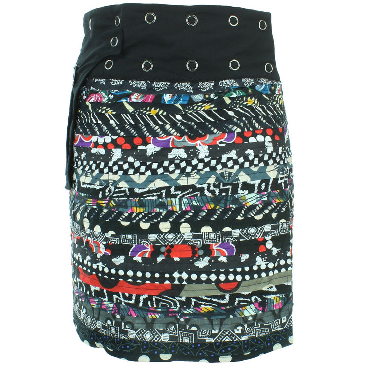 Reversible Popper Wrap Knee Length Skirt - Black Patch Strips / Kaleidoscope