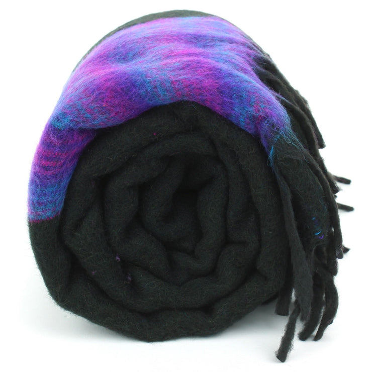 Tibetan Wool Blend Shawl Blanket - Black with Purple Reverse