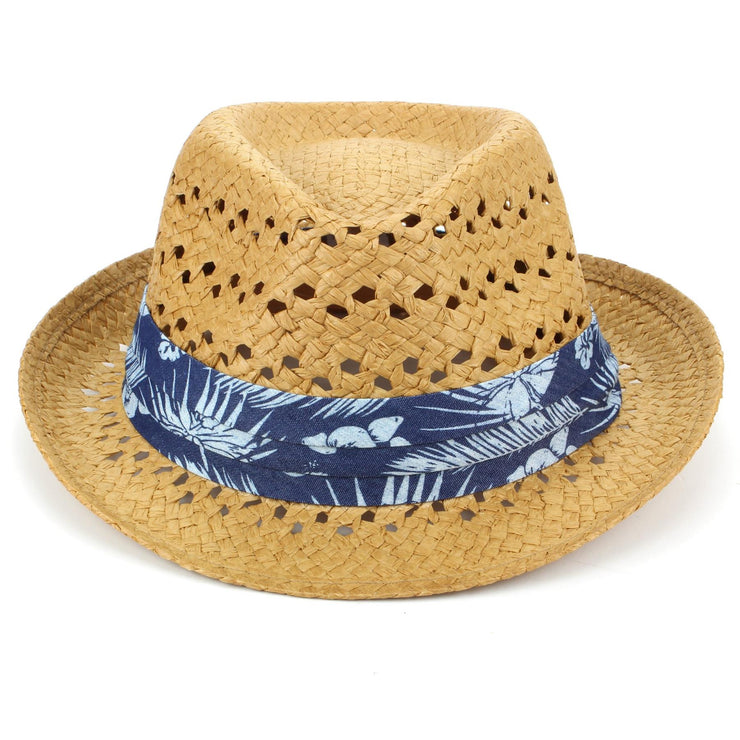 Straw Trilby Fedora Hat with Hibiscus Floral Band - Brown