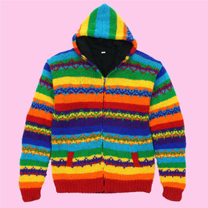 Handgestrickte Strickjacke mit Kapuze aus Wolle – Regenbogen-Zick-Zack-Streifen