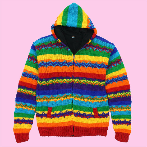 Hand Knitted Wool Hooded Jacket Cardigan - Stripe Rainbow Zig Zag
