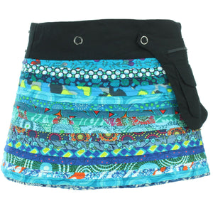 Reversible Popper Wrap Children's Size Mini Skirt - Blue Patch Strips / Diamond Block