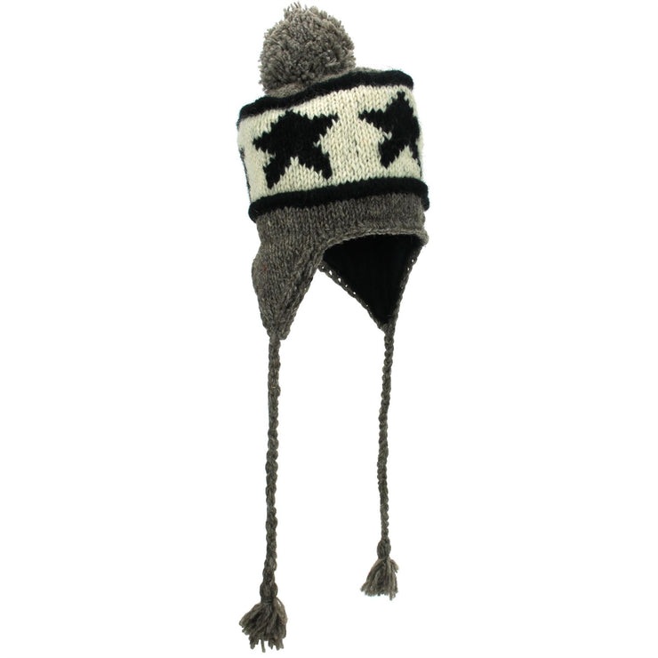 Wool Knit Earflap Bobble Hat - Star Grey