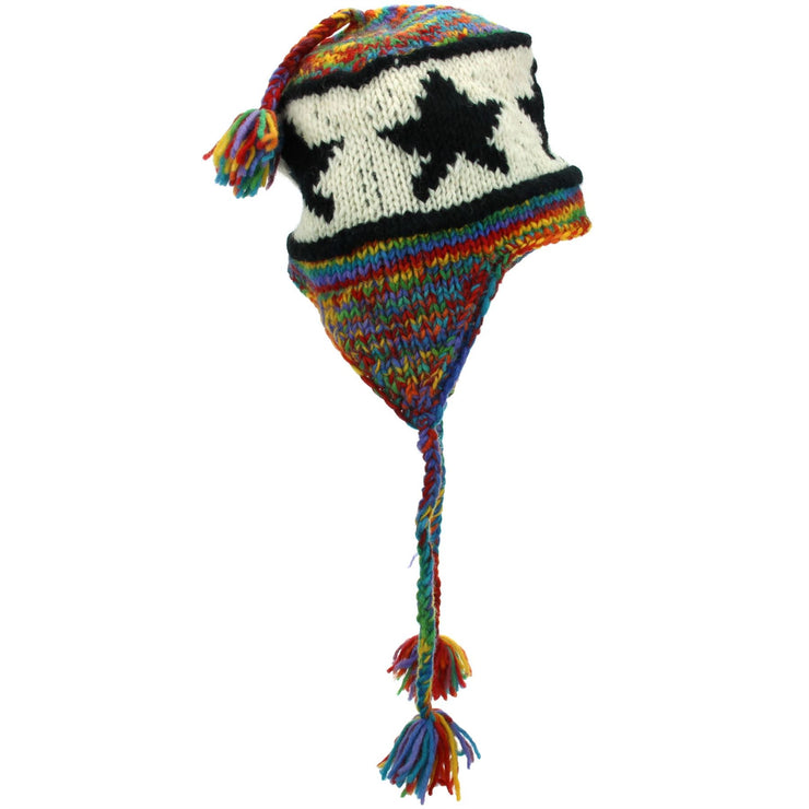 Wool Knit Earflap Tassel Hat - Star Rainbow SD Black