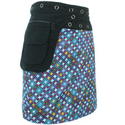 Reversible Popper Wrap Knee Length Skirt - Blue Patch Strips / Diamond Block