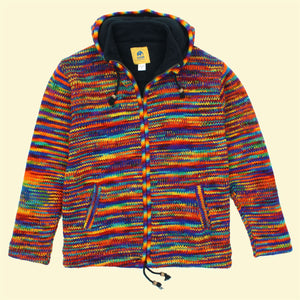Håndstrikket uld hættejakke cardigan - SD Rainbow med Rainbow Trim