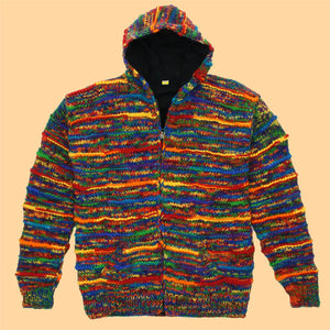 Handgestrickte Strickjacke aus Wolle mit Kapuze – SD-Regenbogenrippe