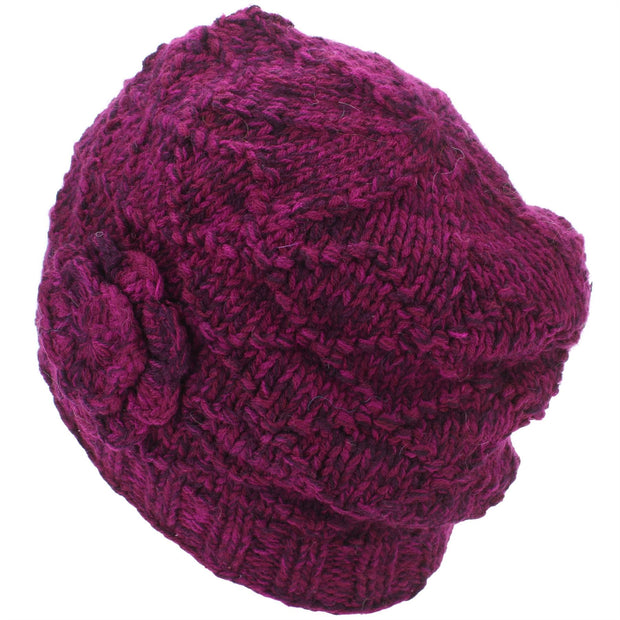 Acrylic Knit Flower Beanie Hat - Purple