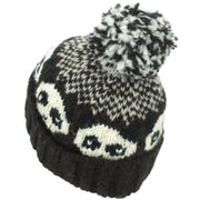 Wool Knit Bobble Beanie Hat - Panda - Brown Grey