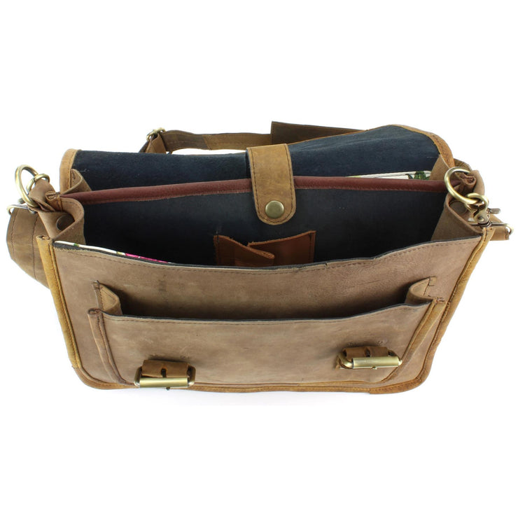 Real Leather Two Compartment Satchel - Light Brown