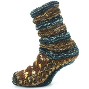 Chunky Wool Knit Abstract Pattern Slipper Socks - 17 Blue Brown