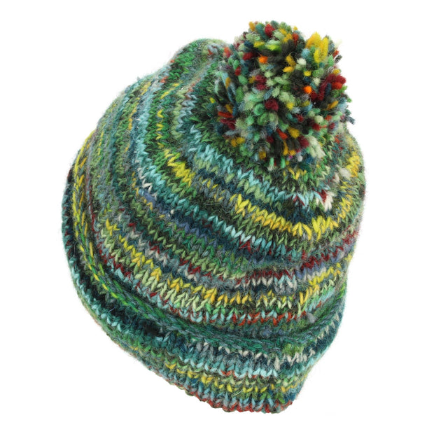 Chunky Wool Knit Beanie Bobble Hat - SD Green Mix