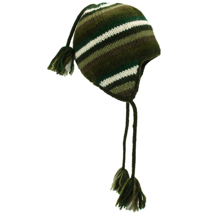 Wool Knit Earflap Tassel Hat - Stripe Green Brown