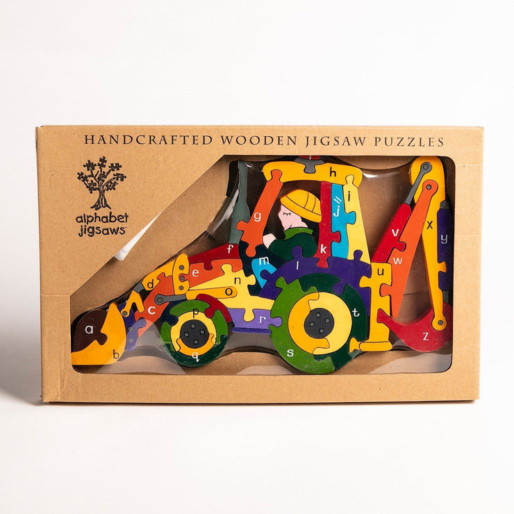 Handmade Wooden Jigsaw Puzzle - Alphabet Backhoe