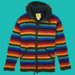 Håndstrikket uld hættejakke cardigan - stribet mørk regnbue
