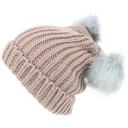 Chunky Knit Beanie Hat with Two Faux Fur Bobbles - Pink