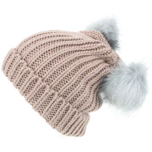 Chunky Knit Beanie Hat med to imiterede pelsbobler - Pink