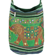 Embroidered Elephant Canvas Sling Shoulder Bag - Green Purple