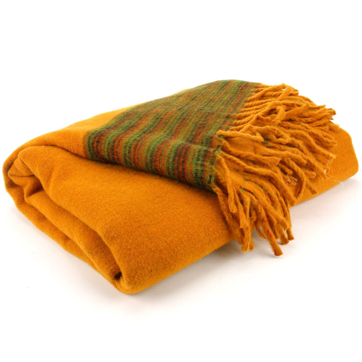 Tibetan Wool Blend Shawl Blanket - Mustard with Orange & Green Reverse