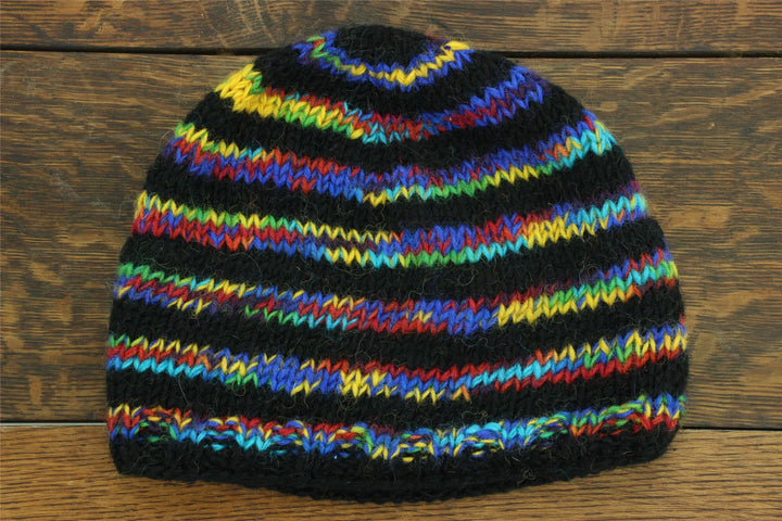 Wool Knit Beanie Hat - Stripe Black Rainbow SD