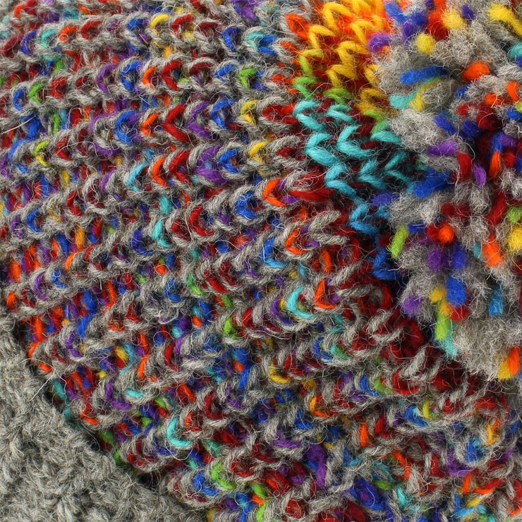 Wool Knit Beanie Bobble Hat - Grey Rainbow