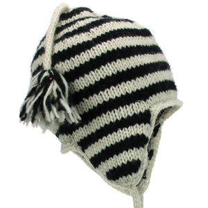 Bonnet à pompon en tricot de laine - rayure crème noir