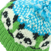 Wool Knit Bobble Beanie Hat - Panda - Green Blue