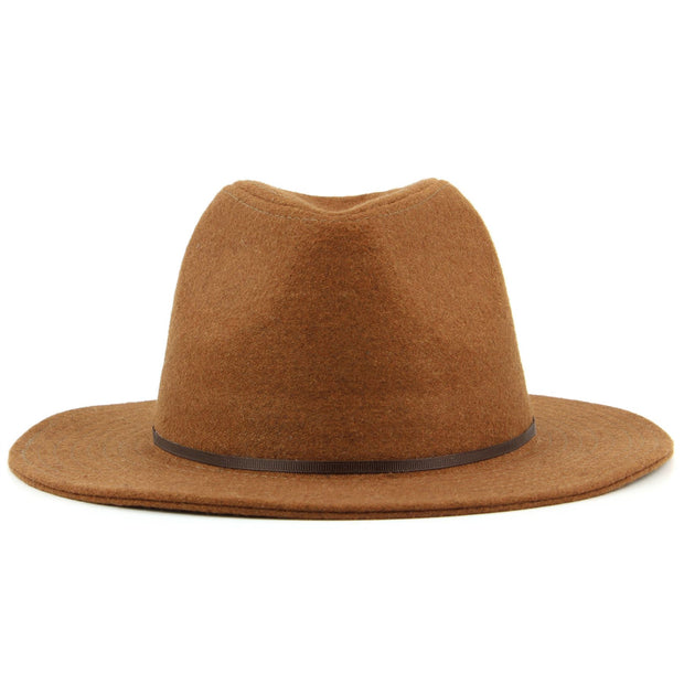 Wool fedora hat with flat brim and skinny contrast band - Brown (57cm)
