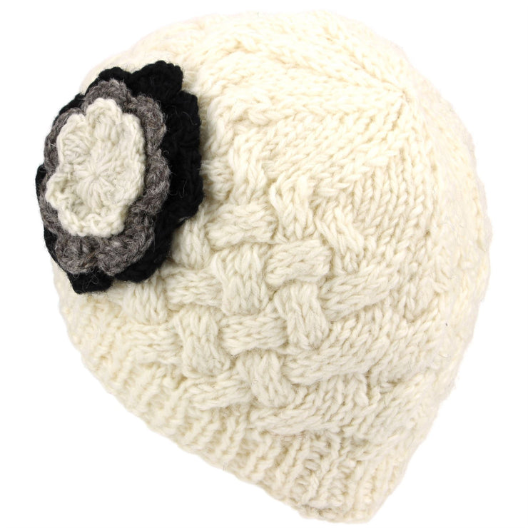 Ladies Wool Cable Knit Beanie Hat with Contrast Flower - Off White