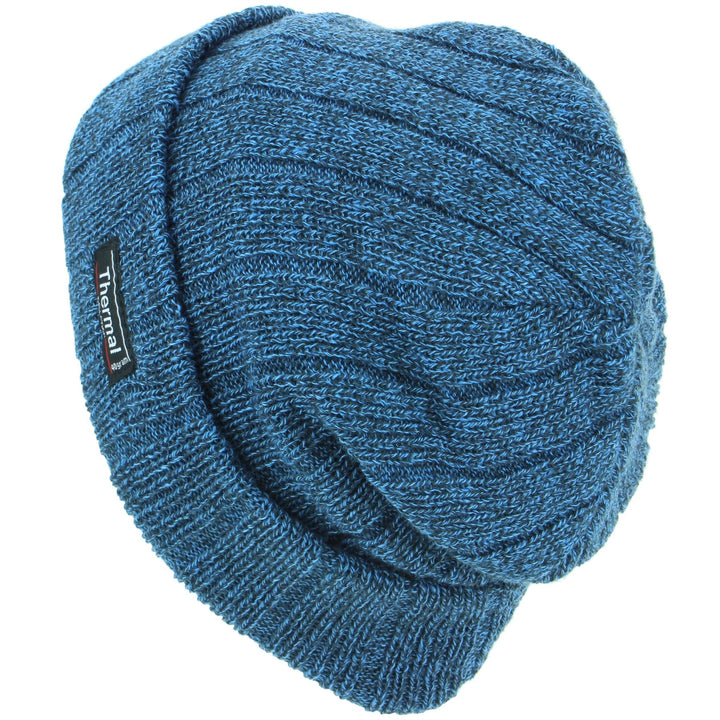 Fine Knit Marl Beanie Hat with Thermal Lining - Blue