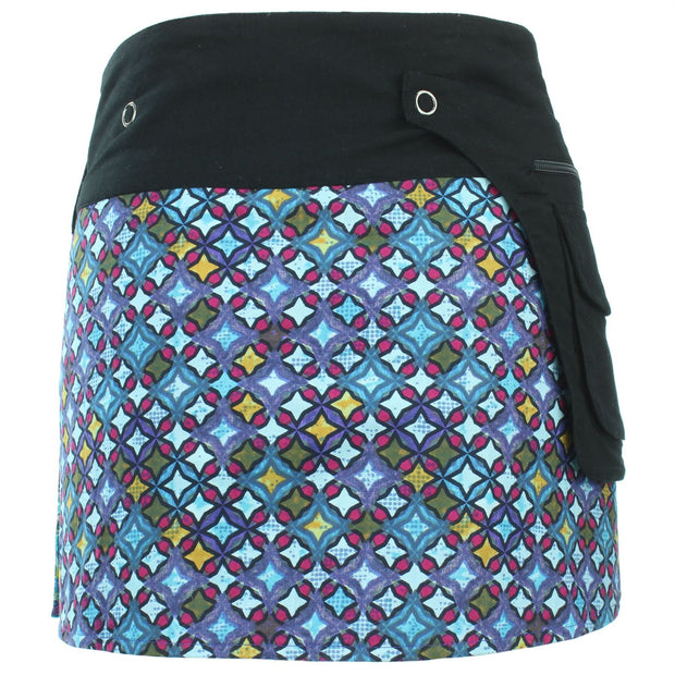 Reversible Popper Wrap Mini Skirt - Blue Patch Strips / Diamond Block