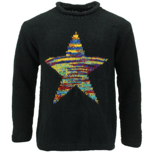 Pull étoile en tricot de laine épaisse - teinture spatiale noire et arc-en-ciel