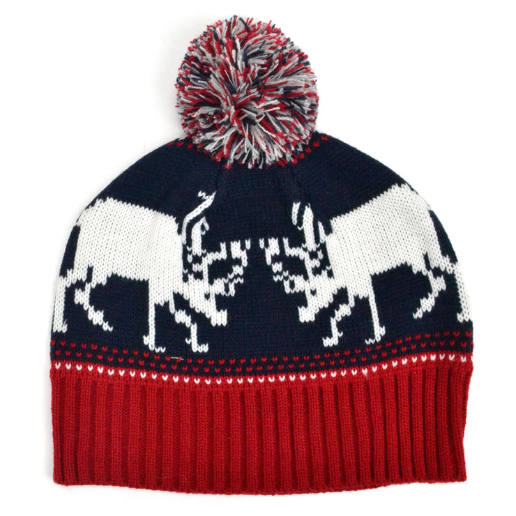 Fine knit beanie bobble hat with reindeer design - Blue & red