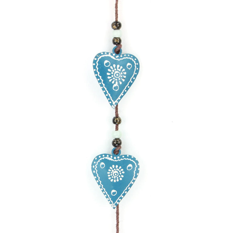 Hanging Mobile Decoration String of Hearts - Teal - Brown String