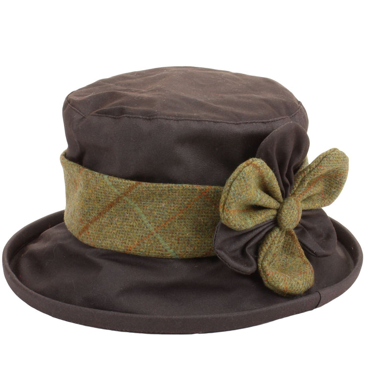 Ladies Wax Hat with Tweed Band and Flower - Brown