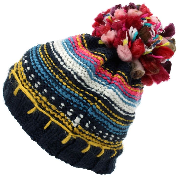 Stripe Knitted Beanie Hat with Bobble - Navy