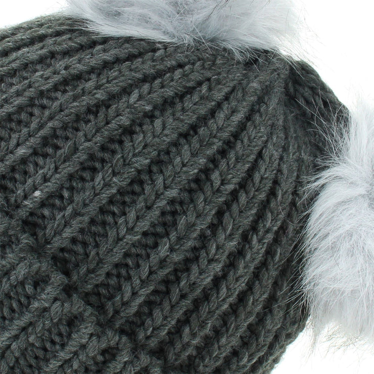 Ribbed Knit Double Bobble Beanie Hat - Charcoal