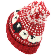 Wool Knit Bobble Beanie Hat - Sheep - Red White