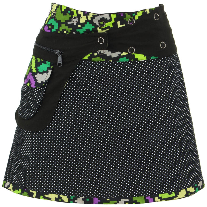 Reversible Short Mini Popper Wrap Skirt with Detachable Pocket - Pixellated Space Flower