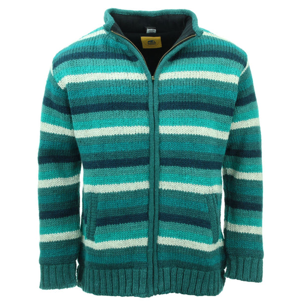 Hand Knitted Wool Jacket Cardigan - Stripe Teal
