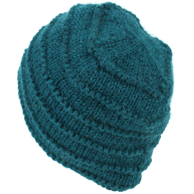 Chunky Ribbed Wool Knit Beanie Hat with Space Dye Design - Teal