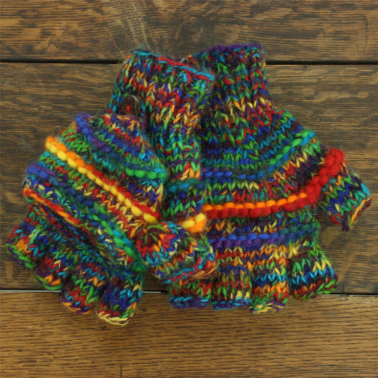 Hand Knitted Wool Shooter Gloves - Rainbow SD Rib
