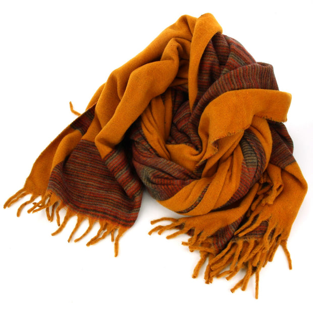 Tibetan Wool Blend Shawl Blanket - Mustard with Red & Grey Reverse