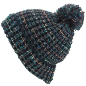 Bonnet à pompon en grosse maille - noir et vert