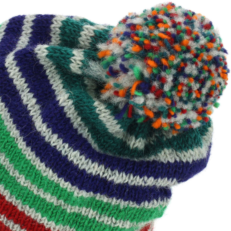 Wool Knit Bobble Beanie Hat - Stripe Green